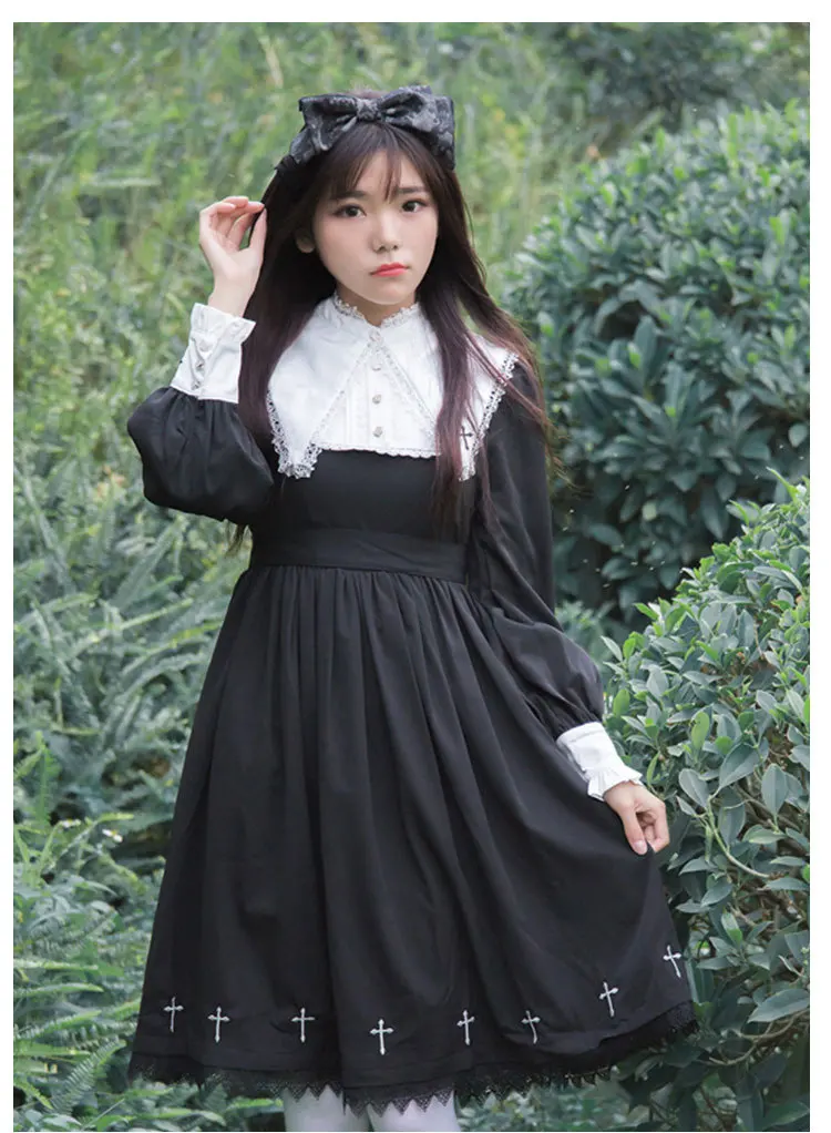 Японский Харадзюку черный Лолита Женские винтажные платья для милых девушек Готическая вышивка крестообразное женское платье с длинным рукавом