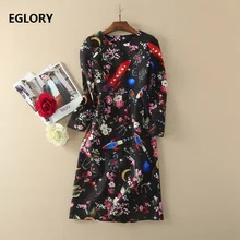 2018 Spring Fashion Dress Women Space Moon Star Floral Print Long Sleeve Knee-Length Elegant Female Novelty Dress Black Ladies