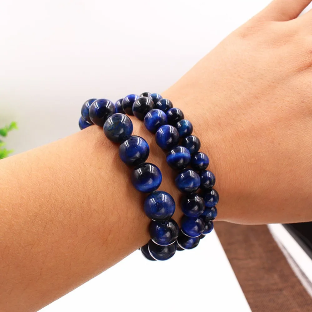 High Quality Blue Tiger Eye Buddha Bracelets Natural Stone Round Beads Elasticity Rope Bracelet for Men Women | Украшения и