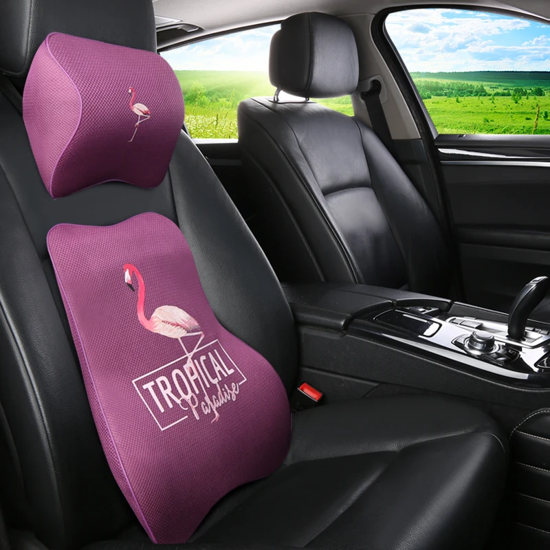 

1PCS memory foam cute flamingo car seat headrest pillow for girls the neck rest waist cushion set cartoon print auto accessories