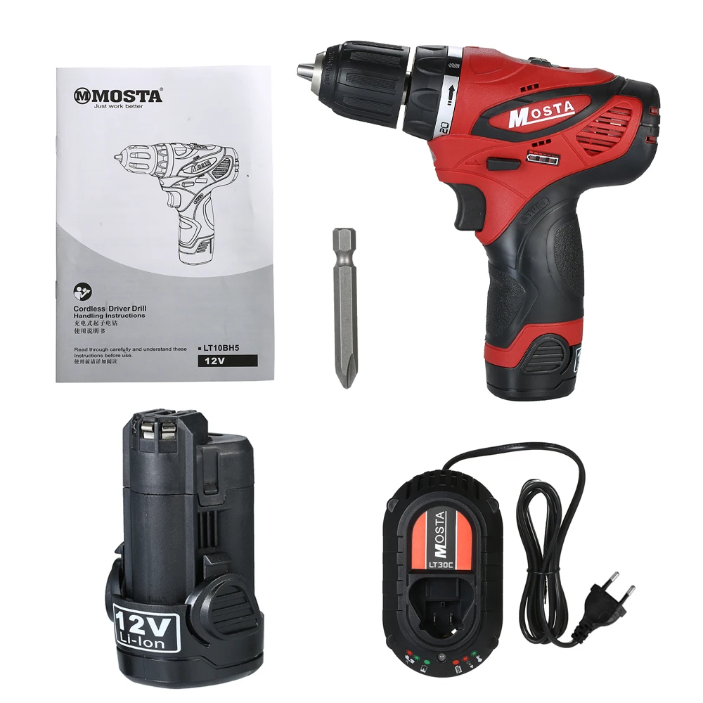 

MOSTA Multi-functional 12V Electric Drill Rechargeable Cordless Drill Kit 1500mAh Li-ion Battery 27N.m 1350rpm LED Lighting