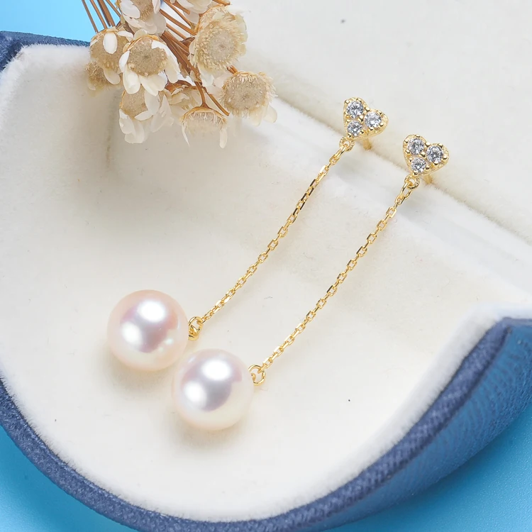 New fashion Long Chain Natural fresh water 7-7.5mm Pearl Earrings Rhinestone Ball Tassel Dangle Drop 925 Silver Jewelry CRED