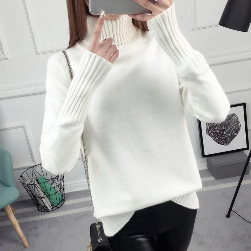 Knitted Sweater Female Autumn Winter Solid Color Loose Harajuku Long-sleeved High Collar Bottoming Pullover Sweater Women Tops Sweaters
