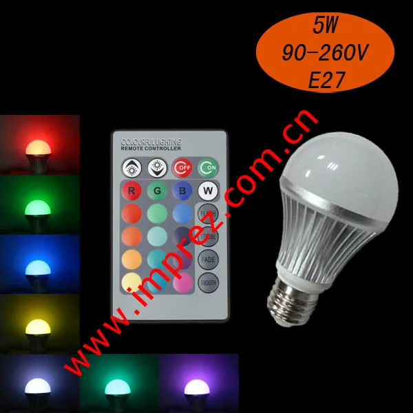 

Free shipping Hot sell! 110V 220V Wireless Remote Control E27 5W led lamps 16Colors LED Light Bulb Lamp 85-265V D60*H110mm