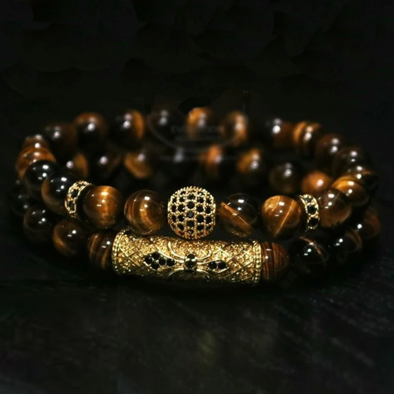 2018 New 2Pcs/ Set of Luxury Natural Tiger Eye Stone Bracelet Ladies And Gentlemen Jewelry Necklace Bracelet Gift Men's Bracelet