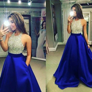 

Royal Blue A-Line Prom Dresses 2019 Sexy Jewel Long Prom Dresses Evening Gowns With Sparkly Beaded Bodice For Teens From