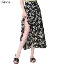 

LXUNYI 2018 Summer Long Floral Skirts Vintage High Waist Slim A Lin Printed Wrap Skirt Sexy Split Lace Up Chiffon Skirt Women
