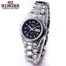 Binger Two Dates Watch Rhinestone Women Dress Trendy Watches Black Dail Wristwatches Automatic Date Silver Band Watch Jewelry