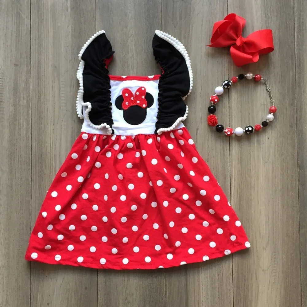 

baby girls spring summer black white dot red dress with bows and beadings