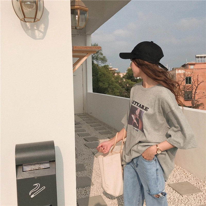 

2 colors spring korean style letter print cotton o neck short sleeve t-shirts womens tee shirt femme (y3185)