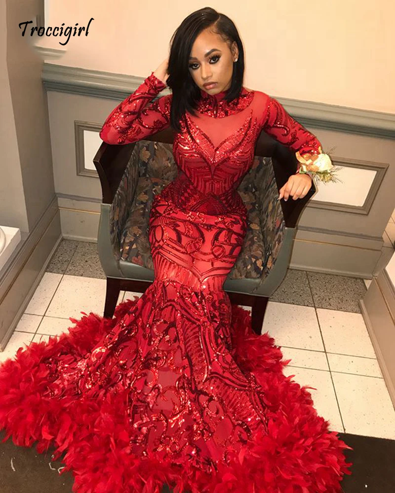 

2019 Red Plus Size Long Sleeve Mermaid African Prom Dresses with Feathers Train High Neck Elegant Black Girls Evening Gala Gow