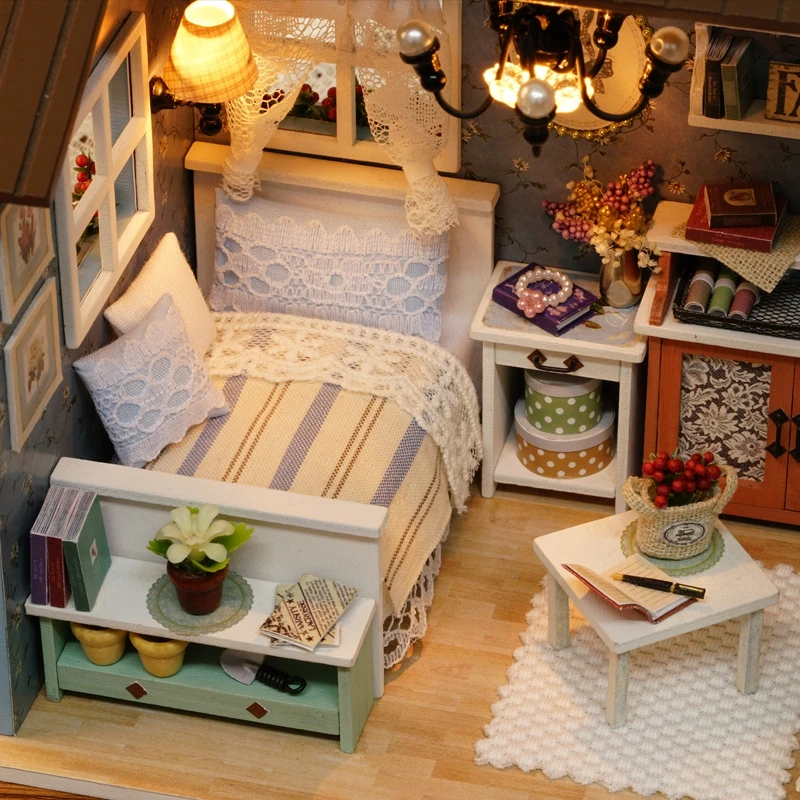 American Style Funny Wooden Mini Classical House DIY Crafts Toys Dollhouse with LED Light Exquiste Gifts for Children Handmade 