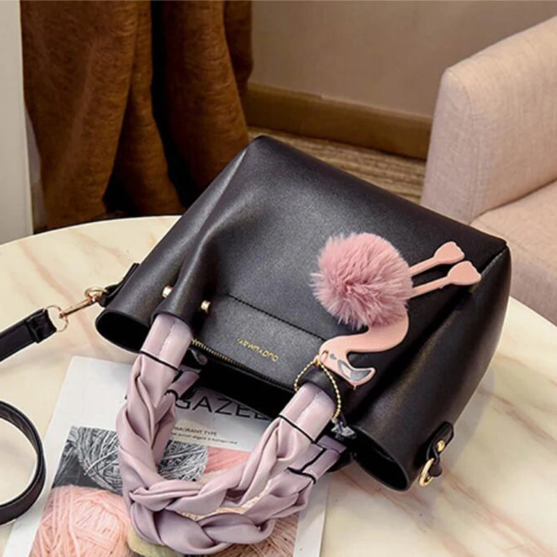 Сумка для женщин, сумка на плечо из искусственной кожи, модная сумка-тоут с помпонами фламинго, роскошная дизайнерская Высококачественная однотонная сумка через плечо