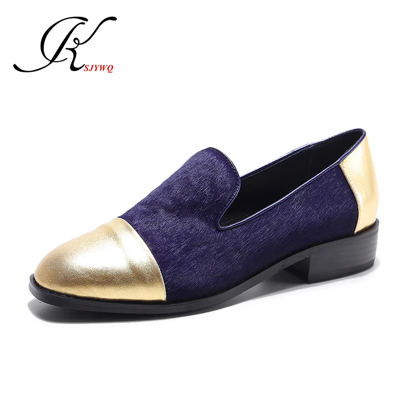 KSJYWQ 2017 Horsehair Women loafers 3 cm low heels Golden shoes Woman Leather Oxford Shoe Platform Plus size 41 Box Packing 8765