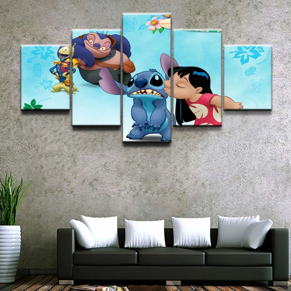 Hd Printed Modular Pictures Wall Art Frame 5 Pieces Lilo Amp Stitch