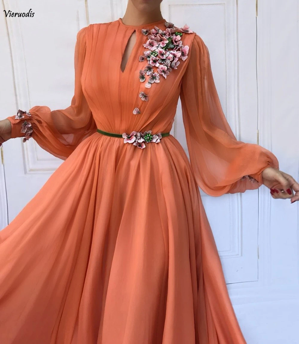 

Coral Arabic Moroccan Evening Dresses Party Elegant for Women Celebrity Long Sleeves Chiffon Dubai Caftans Formal Gowns 2019