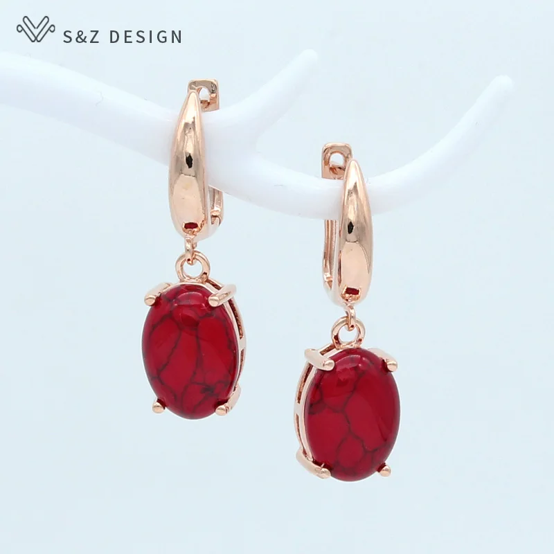 S&Z DESIGN New Classic Oval Egg Shape Synthetic Turquoises Dangle Earrings For Women Vintage 585 Rose Gold Color Trendy Jewelry