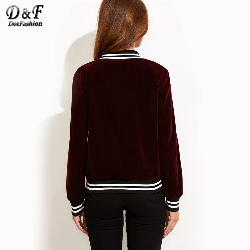low cost  Dotfashion Varsity Striped Velvet Bomber Jacket 2019 Burgundy Stand Collar Coat Ladies Autumn Long 