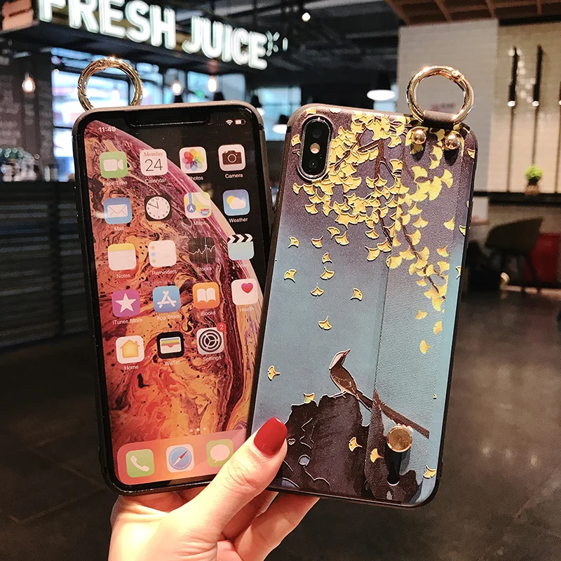 SoCouple ремешок на запястье Мягкий ТПУ чехол для iphone 7 8 6 6s plus чехол для iphone X Xs max XR 11 Pro Max листья держатель для телефона чехол