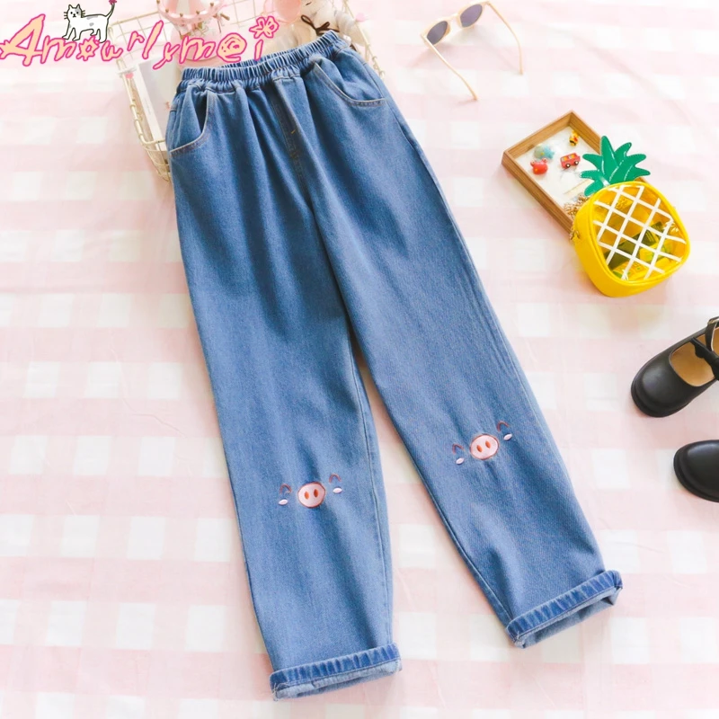 

Japanese Style Mori Girl Cute Cartoon Embroidery Elastic Waist Jeans Trousers Loose Casual Women Denim Harem Pants