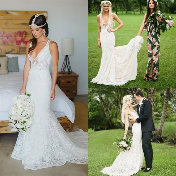 New Full Lace Mermaid Bohemian Wedding Dresses 2018 Deep V Neck Appliques Backless Trumpet Court Train Beach Country Bridal Gowns Cheap