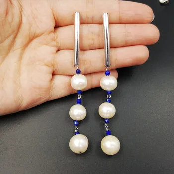 

Lii Ji AA+ 10-11mm 3pcs Freshwater Pearl Lapis Lazuli Beads 925 Sterling Silver Long Dangle Fancy Women Jewelry Best Gift
