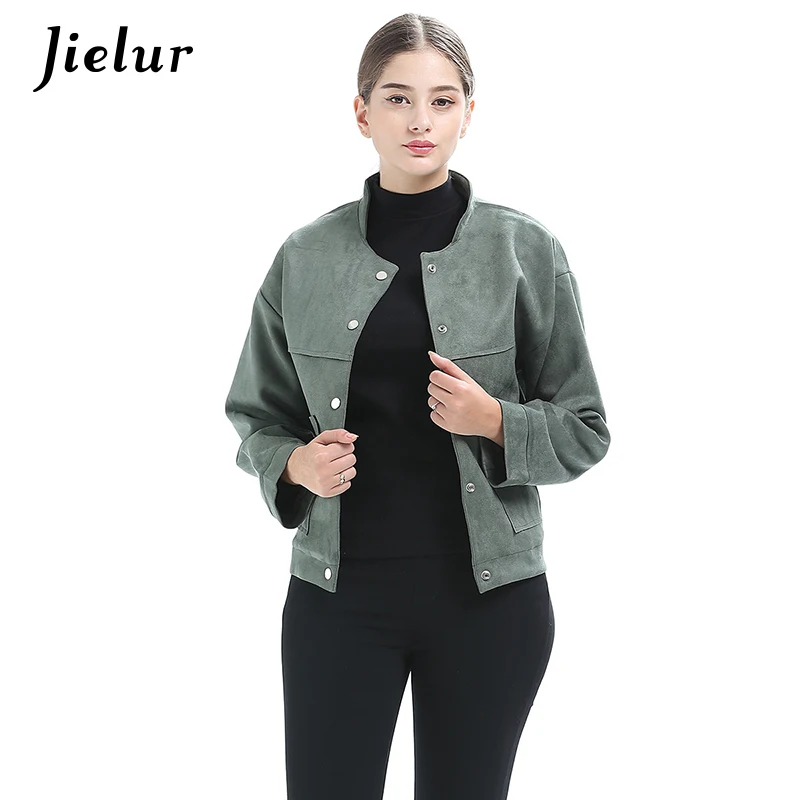 

Jielur Europe 2019 New Winter Suede Jacket Women Solid Color Buttons Pocket Coat Female Leather Long Sleeve Short Jackets S-XL