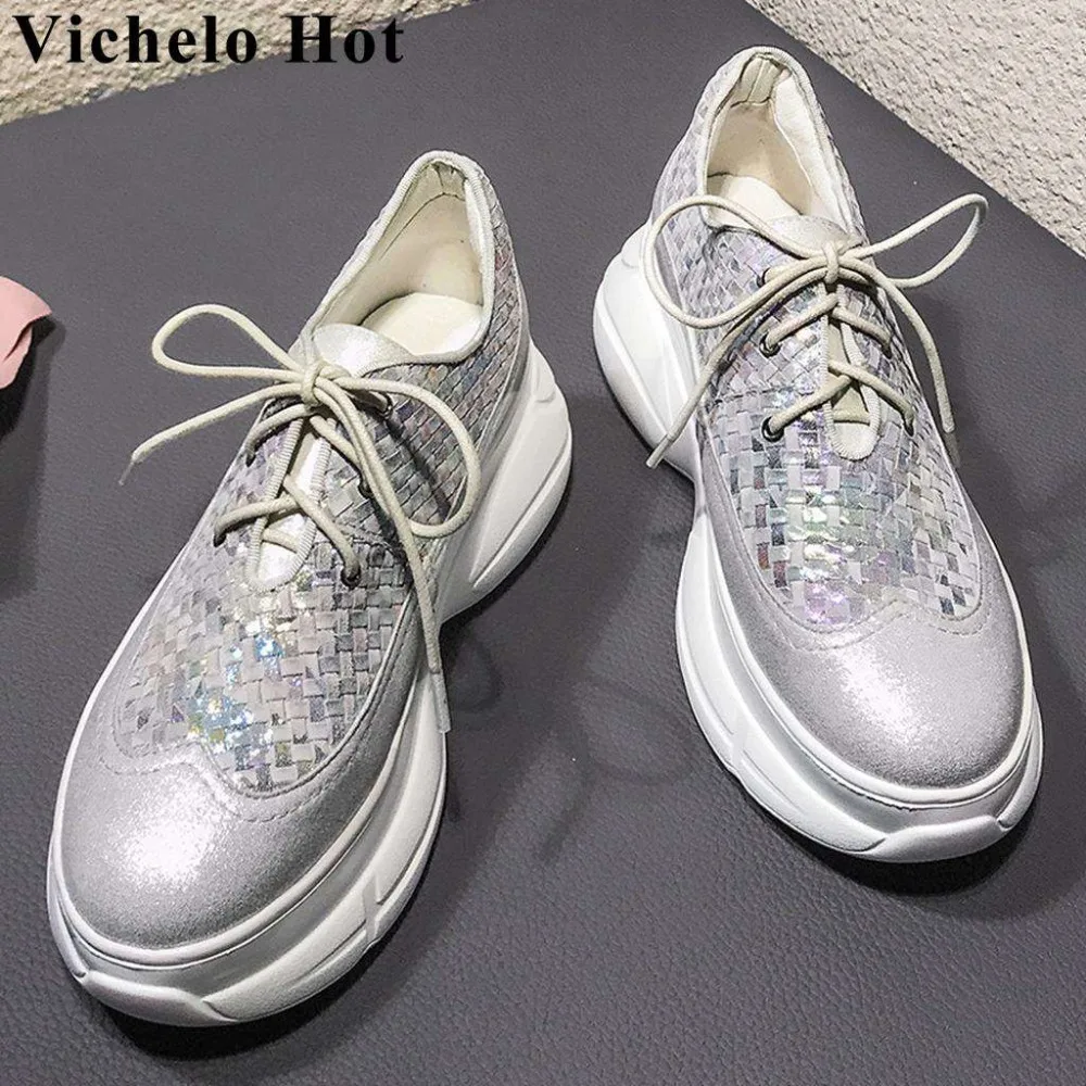 

Vichelo Hot patchwork cow leather weaving design pretty girls vocation travel high bottom lace up sneakers vulcanized shoes L8f1