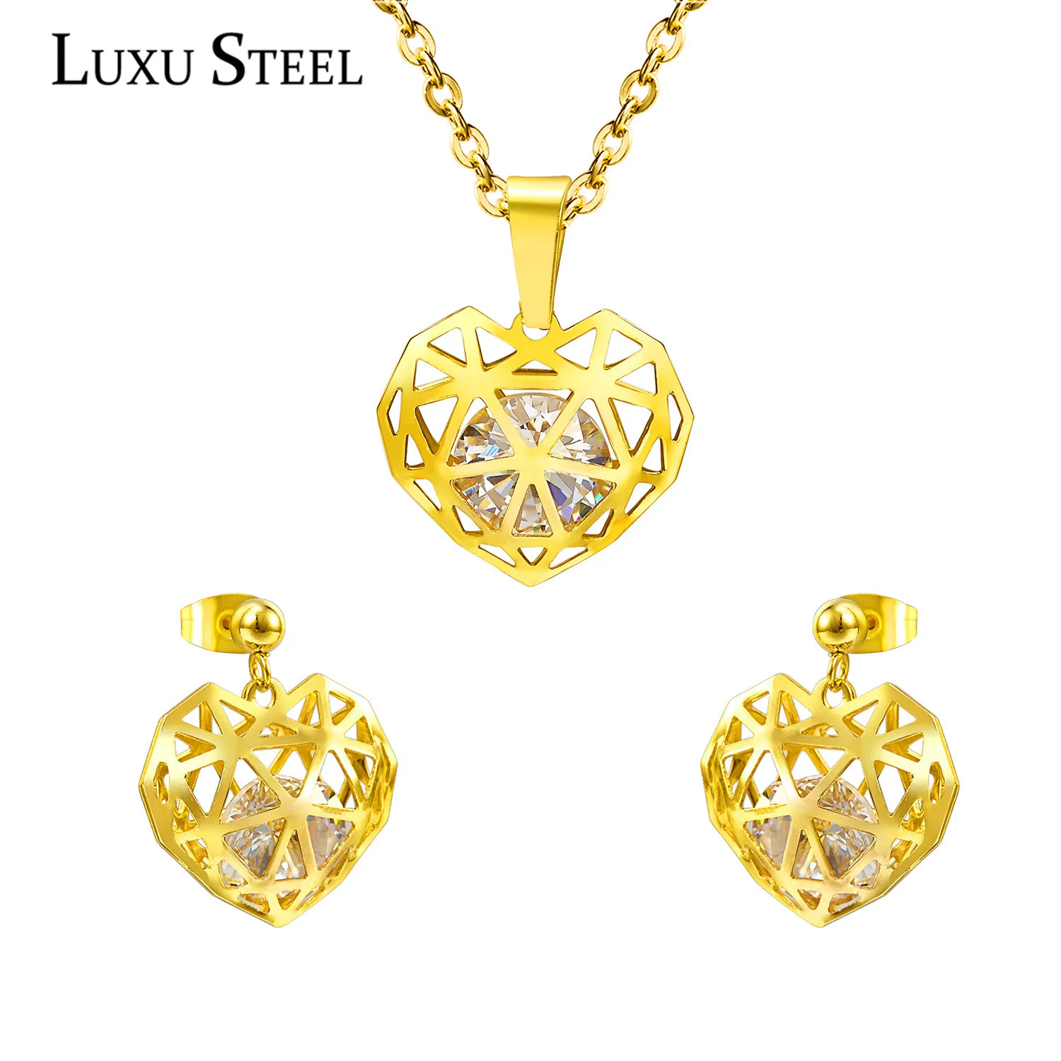 

LUXUSTEEL Hot Selling Hollow Out Heart Shaped Pendant ,CZ Crystal Necklace And Earrings Set In Jewelry For Women With Free Chain