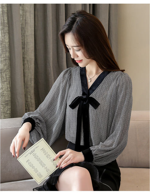Black Plaid Shirts Women Autumn Bow V-Neck Blouses Womens Tops Elegant Long Sleeve Chiffon Blouse Autumn Tops Blusas Mujer 2019 (8)