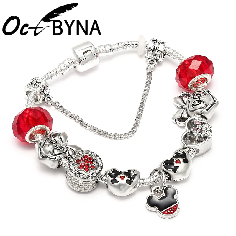 

Octbyna Cartoon Mickey Minnie Mouse Snake Chain Charm Bracelet For Women Luxury Crystal Beads Fine Bracelets Silver Jewelry