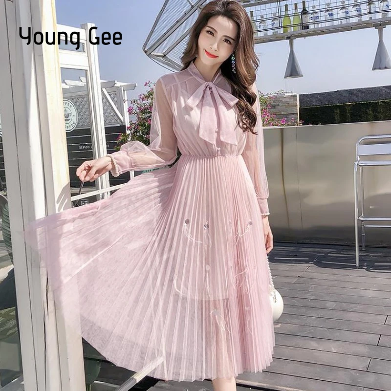 Young Gee Spring Princess Sweet Dress Lace Bow Collar Lantern Pearls Beading Sleeve Women Floral Pleated Party Dresses vestidos