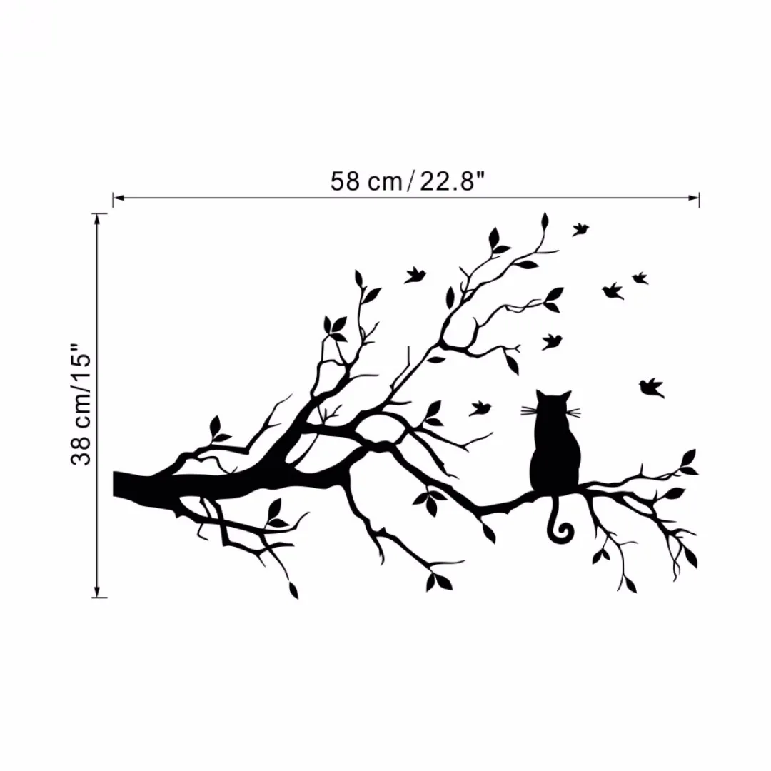 Large Cat On A Branch Tree Birds Wall Sticker Vinyl Art Decal Window Decal Stencil For Kids Room Decor Adesivo De Parede