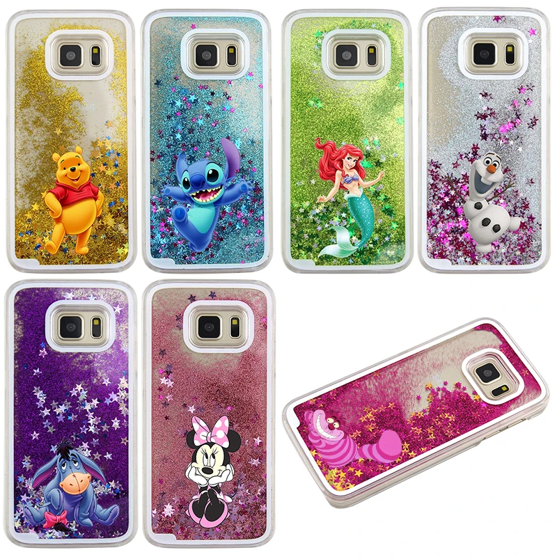 Cute Cartoon Winnie Pooh Stitch Mickey Minnie Glitter Liquid quicksand Case For Samsung Galaxy S7 edge S8 S9 Plus Note 8 9 Cover