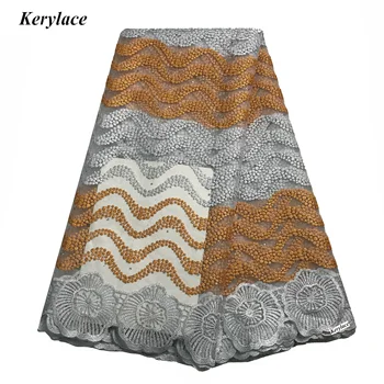 

Sliver And Orange Organza Lace Latest Embroidery Sewing Design African Tulle Fabric Net Cloth KRL-66153