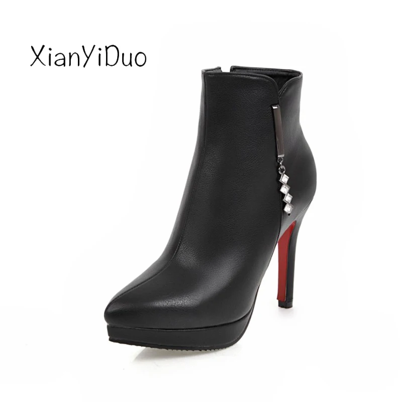 

Aut Women's Shoes Ankle Boots Platform Pointed Toe high Heels plus size34-47 Crystal short plush /M-19