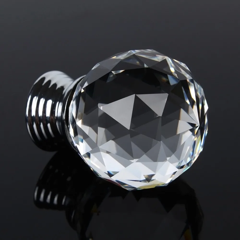 30mm Diamond Shape Clear Crystal Glass Door Knobs Handles Cabinet Drawer Knobs+ Screw Circular Door Wardrobe Cupboard Hardware