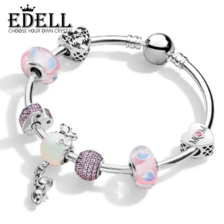 

EDELL 100% 925 Sterling Silver Brand New 1:1 Genuine Charm Heart-Shaped Pink Bracelet Set For Mother's Day Gift