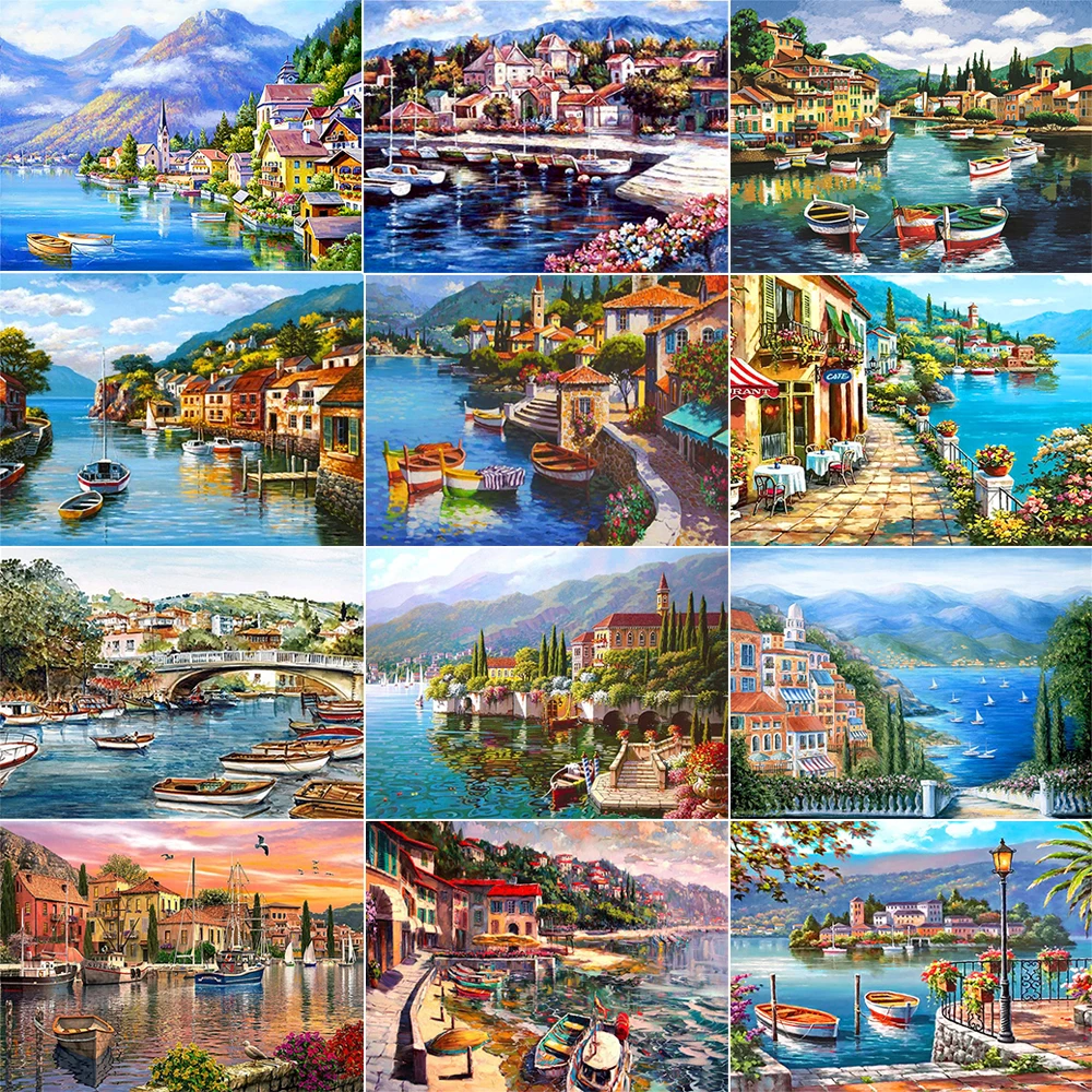 

AZQSD Diamond Painting City Landscape Diamond Embroidery Scenery Handicraft Full Square Harbor Town Picture of Rhinestones Gift