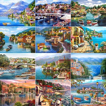 

AZQSD Diamond Painting Landscape City Picture of Rhinestones Gift Diamond Embroidery Town Handicraft Full Square Drill Wall Art