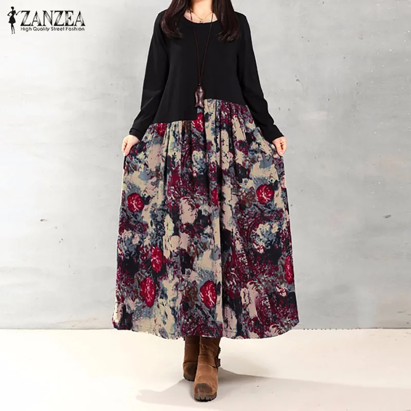 

ZANZEA Women Dress 2017 Autumn Casual Loose Long Sleeve Vintage Floral Print Cotton Linen Maxi Long Dress Vestidos Plus Size