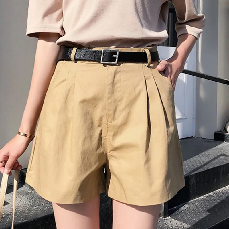 

Summer New Plus Size Sashes Pockets High Waist Wide-leg Shorts for Women Solid Color Casual Draped Shorts With Belt Short Female