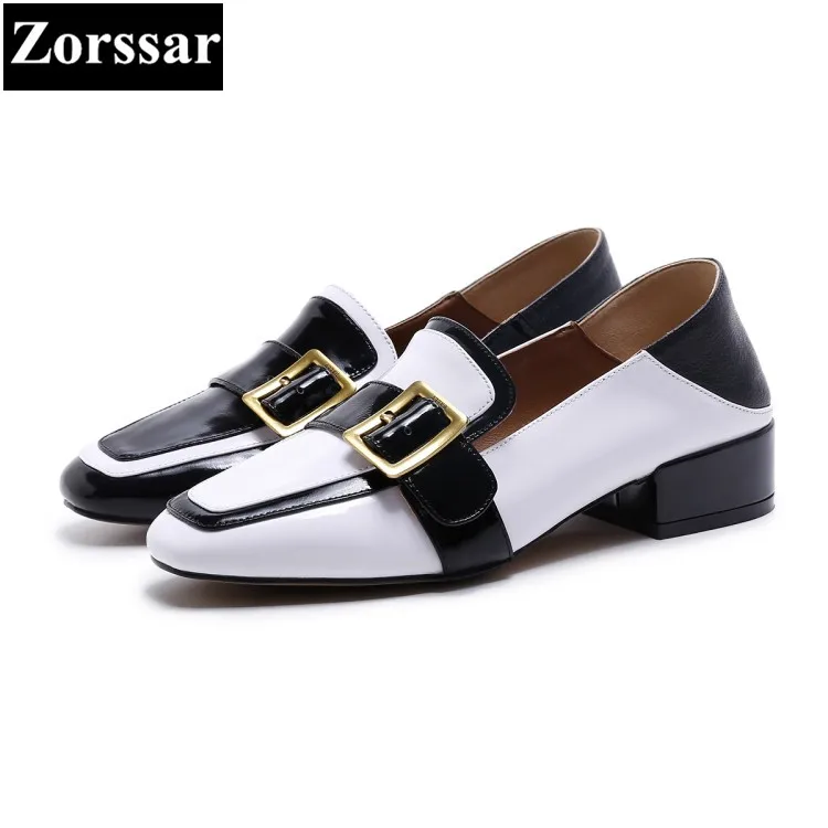 

{Zorssar} women square toe high heels pumps Fashion buckle Casual Real leather slip on Leisure low heel shoes woman Single shoes