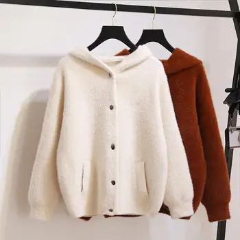 

2018 Autumn Women New Fashion Faux Mink Cashmere Sweaters Cardigans Female Hooded Warm Single Breasted Knitwear Knitted Coat C4