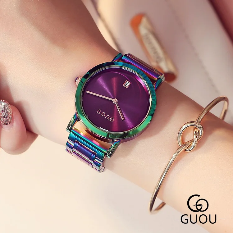 Relogio Feminino модные красочные радужные женские часы лучший бренд класса люкс браслет из нержавеющей стали Reloj Mujer женские часы - Цвет: Фиолетовый