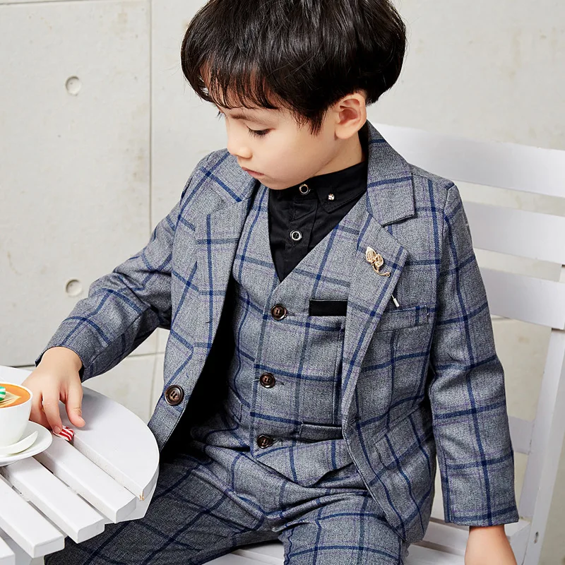 

Cotton Plaid Blazer+Vest+Pants Boys Suits Children Formal Suits 3pcs Boys Clothing Sets for Weddings Gray Khaki Hot Sale S83909A