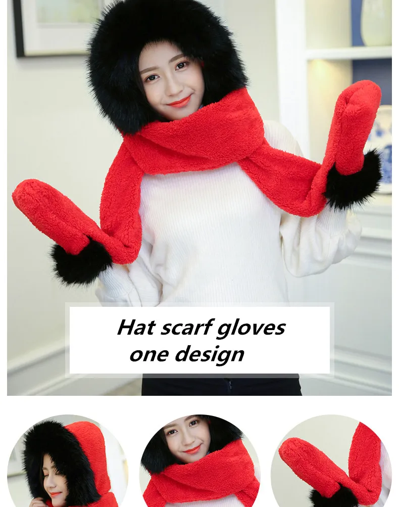 New Korean Version Of The Bib Hat Thick Warm Scarf Hat Gloves Three Pieces One Large Fur Collar Three-Piece Set For Women SN53 (2)