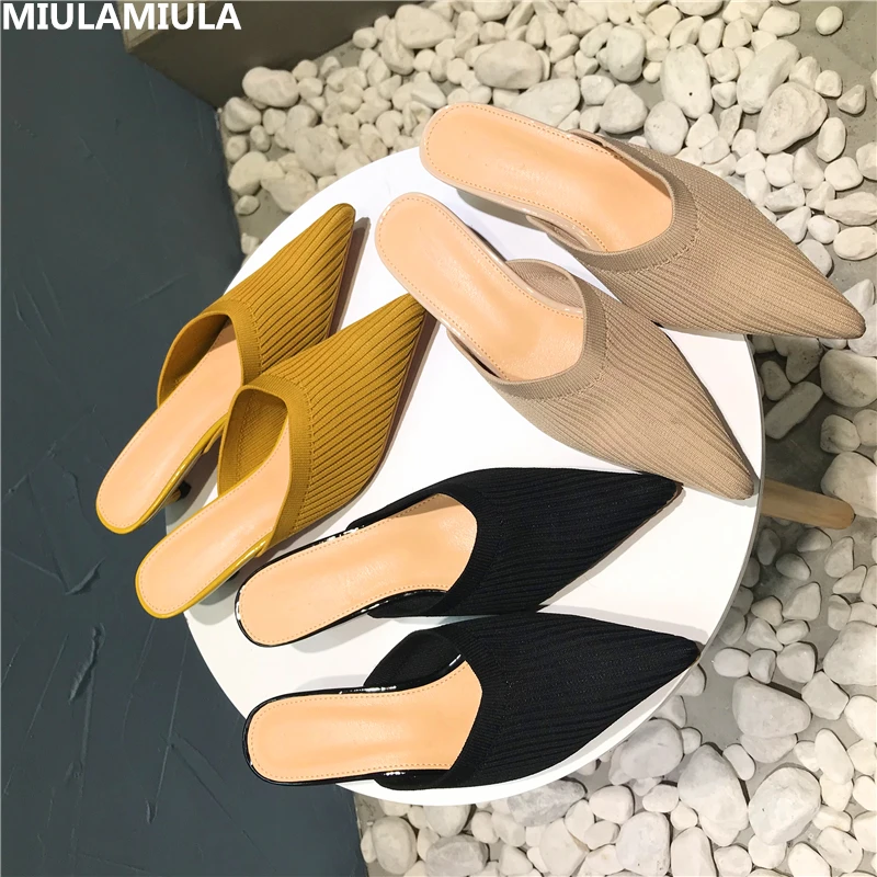 

MIULAMIULA Brand Designers 2019 Summer Elegant Med Kitten Heels Woman Pointed Shoes Lady Pumps Slip On Loafers Mules Flip Flops