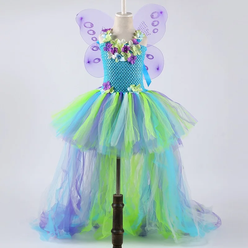Платье с юбкой-пачкой для девочек; платье принцессы с длинным хвостом и цветочным рисунком для девочек; платье для дня рождения; Детский карнавальный костюм на Хэллоуин с крыльями - Цвет: Зеленый