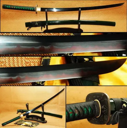 

Japanese samurai katana sword Clay Tempered full tang Black Blade Red Hamon #905